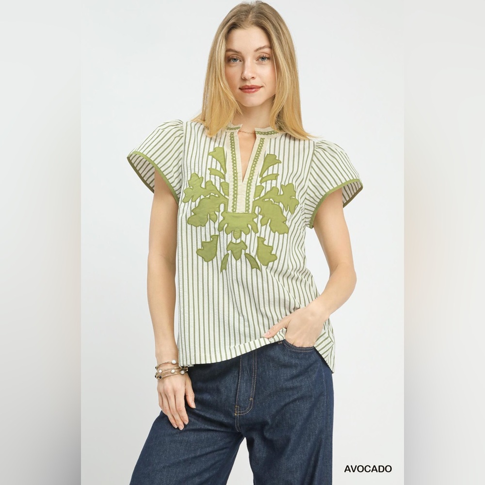 Umgee V-Neck Stripe Embroidered Top with Lace Trim